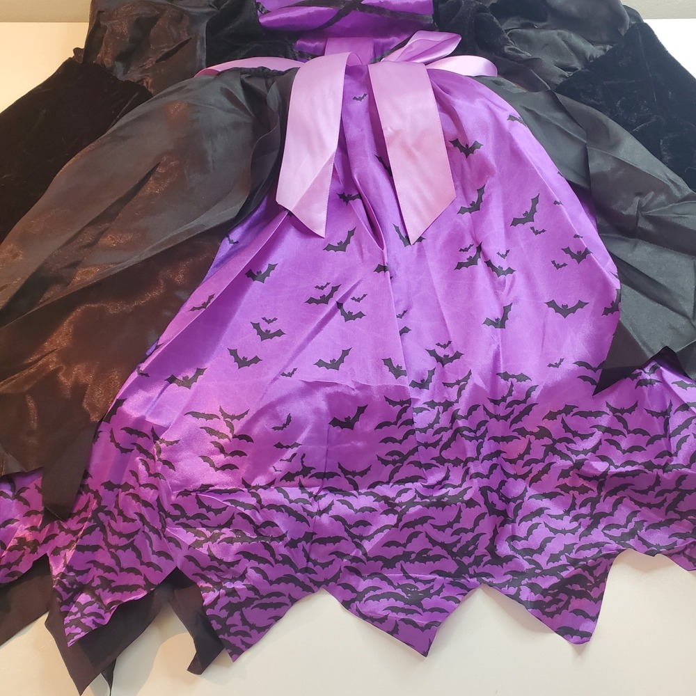 Kids Light Up Witch Costume Purple Black Bat Print Dress and Broomstick Set - Picture 8 of 14